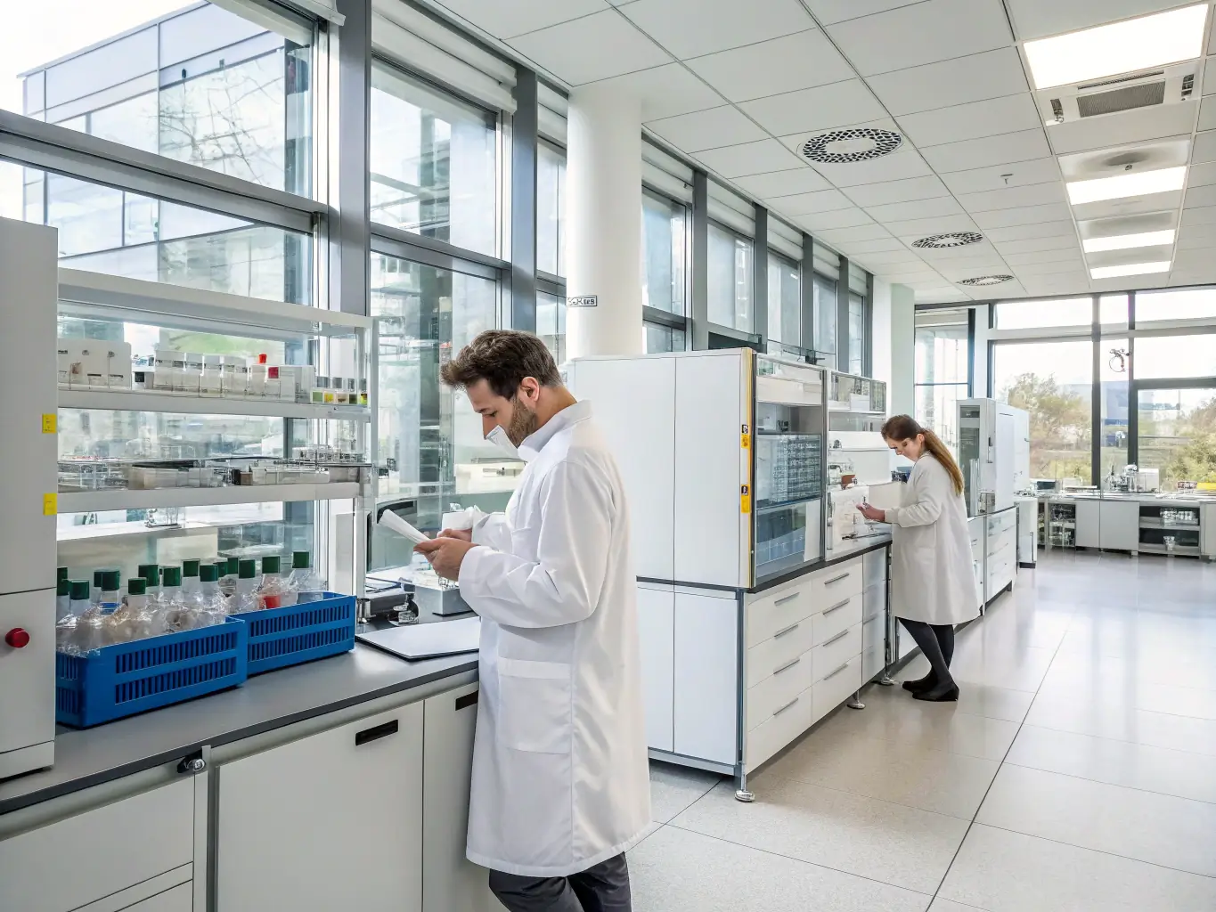 An image depicting a pharmaceutical manufacturing facility with workers in clean suits packaging medicine, representing the pharmaceutical industry's need for temperature-controlled logistics.