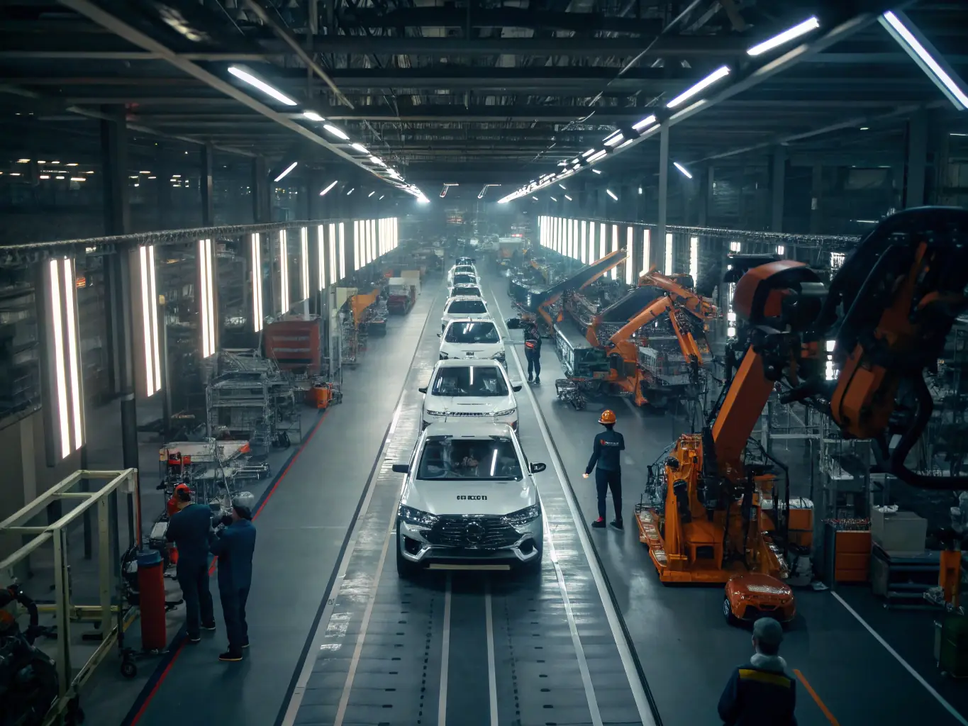 An image showing a modern automotive assembly line with robotic arms and workers assembling cars, highlighting the automotive industry's complex supply chain.